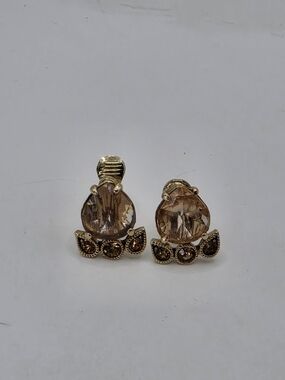 Vintage Wells Gold Tone Pear Amber Faux Citrine Crystal Clip On Earrings